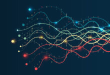 Abstract data visualization with multiple glowing wavy lines and dotted markers in red, teal, and yellow on a dark blue background, suggesting complex information flow.