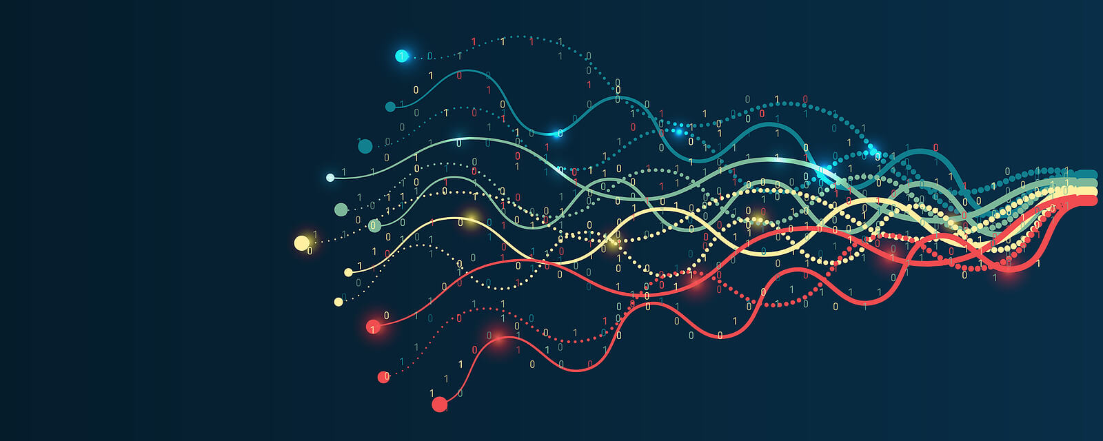 Abstract data visualization with multiple glowing wavy lines and dotted markers in red, teal, and yellow on a dark blue background, suggesting complex information flow.
