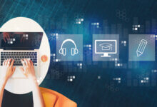 Person typing on a laptop at a round white table with a cup of coffee, overlaid with learning- and tech-icons in blue.