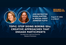 Event banner announcing an instructor-led live session with Marni Martens and Jennifer Floyd for Research Rockstars: 'Stop Doing Boring IDs: Creative Approaches That Engage Participants' on August 27, 2026, 3–4 PM ET.