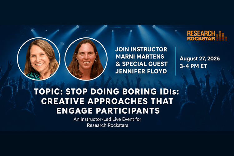 Event banner announcing an instructor-led live session with Marni Martens and Jennifer Floyd for Research Rockstars: 'Stop Doing Boring IDs: Creative Approaches That Engage Participants' on August 27, 2026, 3–4 PM ET.